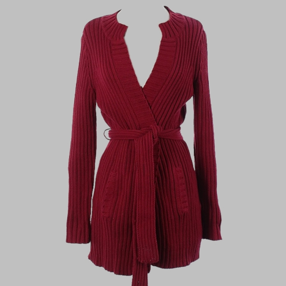 Dark Red Ribbed Belted Cardigan